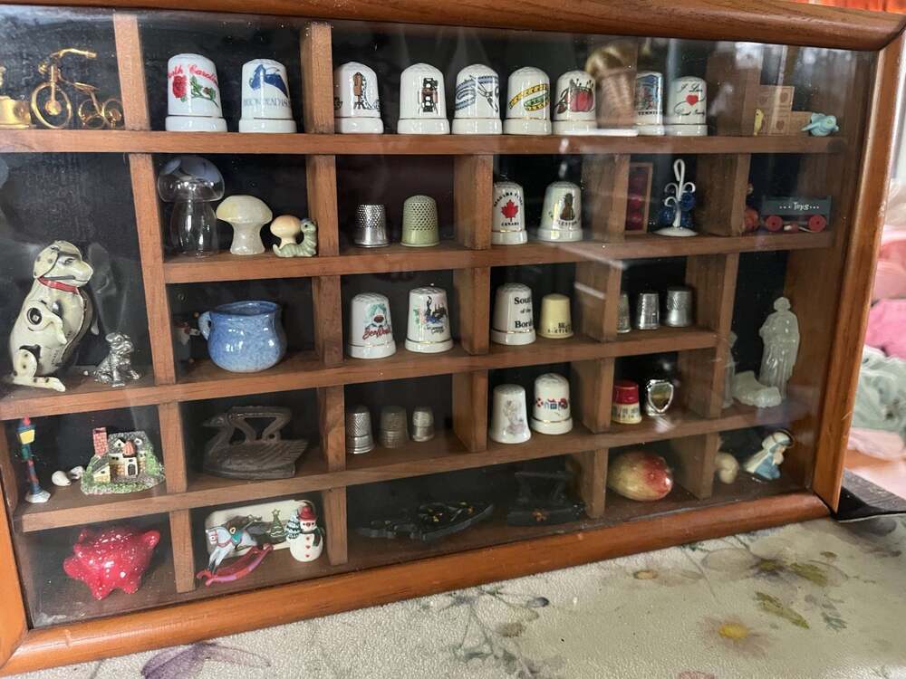 Vintage Miniature Thimble Collection and Assorted Trinkets with Wooden Wall Disp